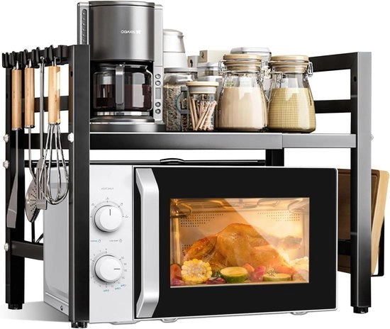 Magnetronrek Uitschuifbaar con due livelli, regolabile e spazievendente con supporto per magnetron e 6 ganci (40-64 cm) - Organizzatore per la cucina con spazio di stoccaggio aggiuntivo