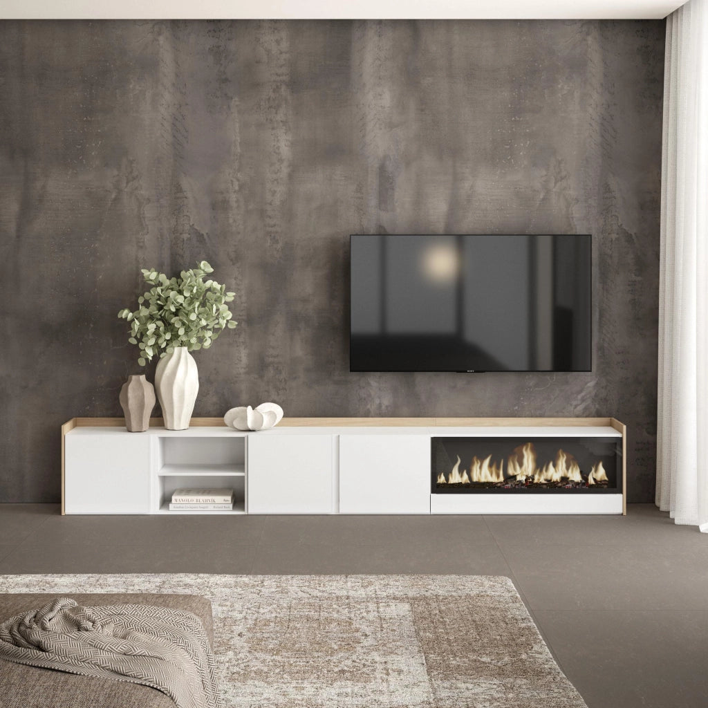 Mobile TV Soggiorno, 315x50x35 cm, Per TV fino a 80", Camino elettrico XXL, Bianco e Rovere soft