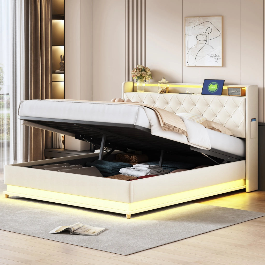 LETTO Imbottito 160x200 cm Beige con LED, USB e contenitore idraulico