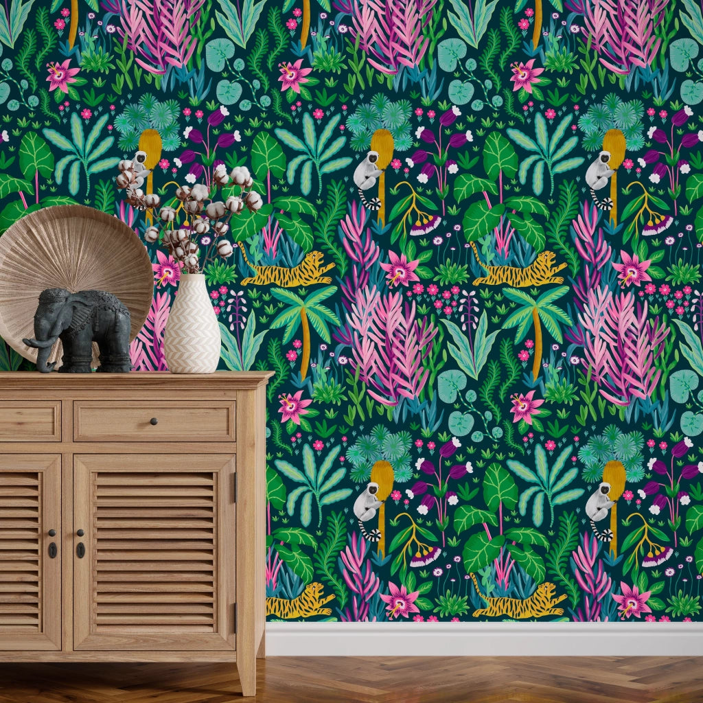 Carta da Parati Giungla Tropicale con Scimmie e Tigre Carta Vegana 250x200cm 5,5mq 