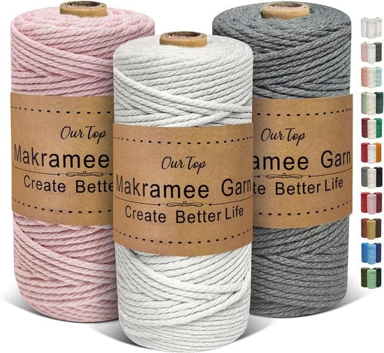 Set di corda macramé a tre corde - 3 mm x 100 m - corda macramé - filo per artigianato - decorazione tessuta - portahanghi per piante - natura - blush - grigio