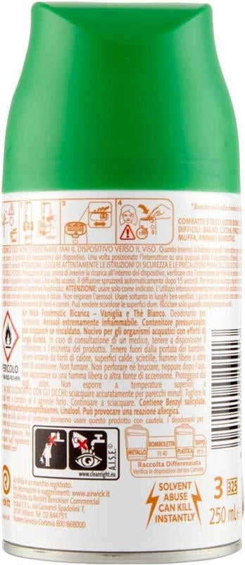 AIR WICK FRESHMATIC RICARICA SPRAY AUTOMATICO POTERE NEUTRALIZZA ODORI INFUSO CON OLI ESSENZIALI NATURALI FRAGRANZA VANIGLIA E THÈ BIANCO 250 ML