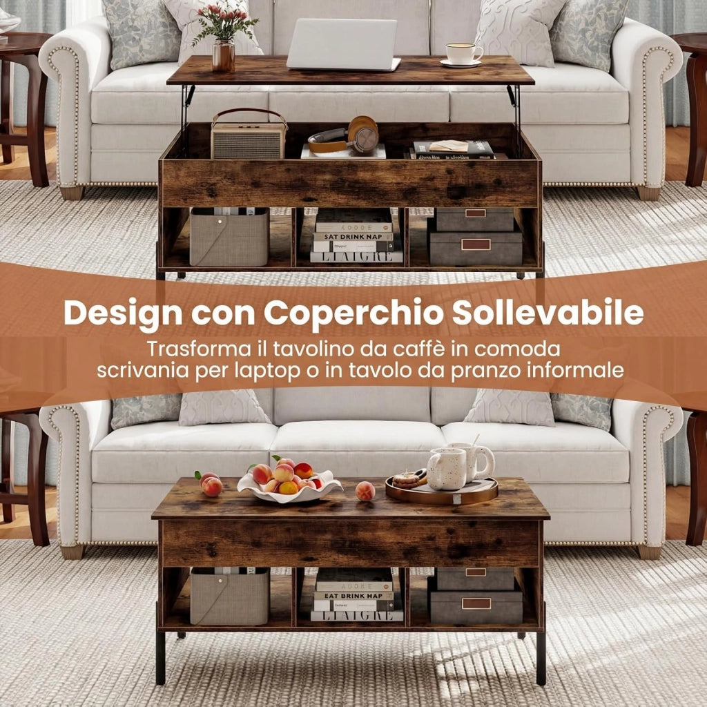 Tavolino da Caffè Sollevabile, Tavolino da Salotto con Piano Regolabile in Altezza, Scomparti e Piedini Antiscivolo, Design Moderno, per Soggiorno, Camera da Letto, Studio (Marrone)