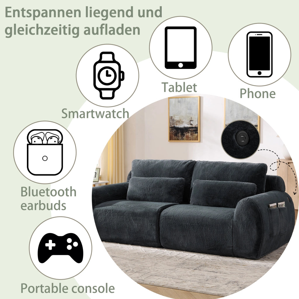 Divano a due posti compatto in tessuto effetto peluche con imbottitura elastica, USB e tasca laterale, grigio