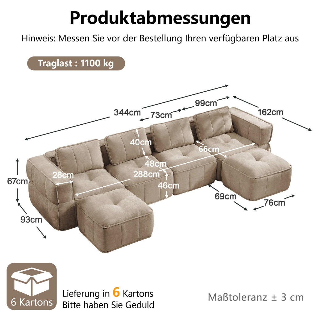 Divano modulare a U 4 posti senza telaio con pouf e seduta profonda in poliestere sabbia 344 × 162 × 67 cm