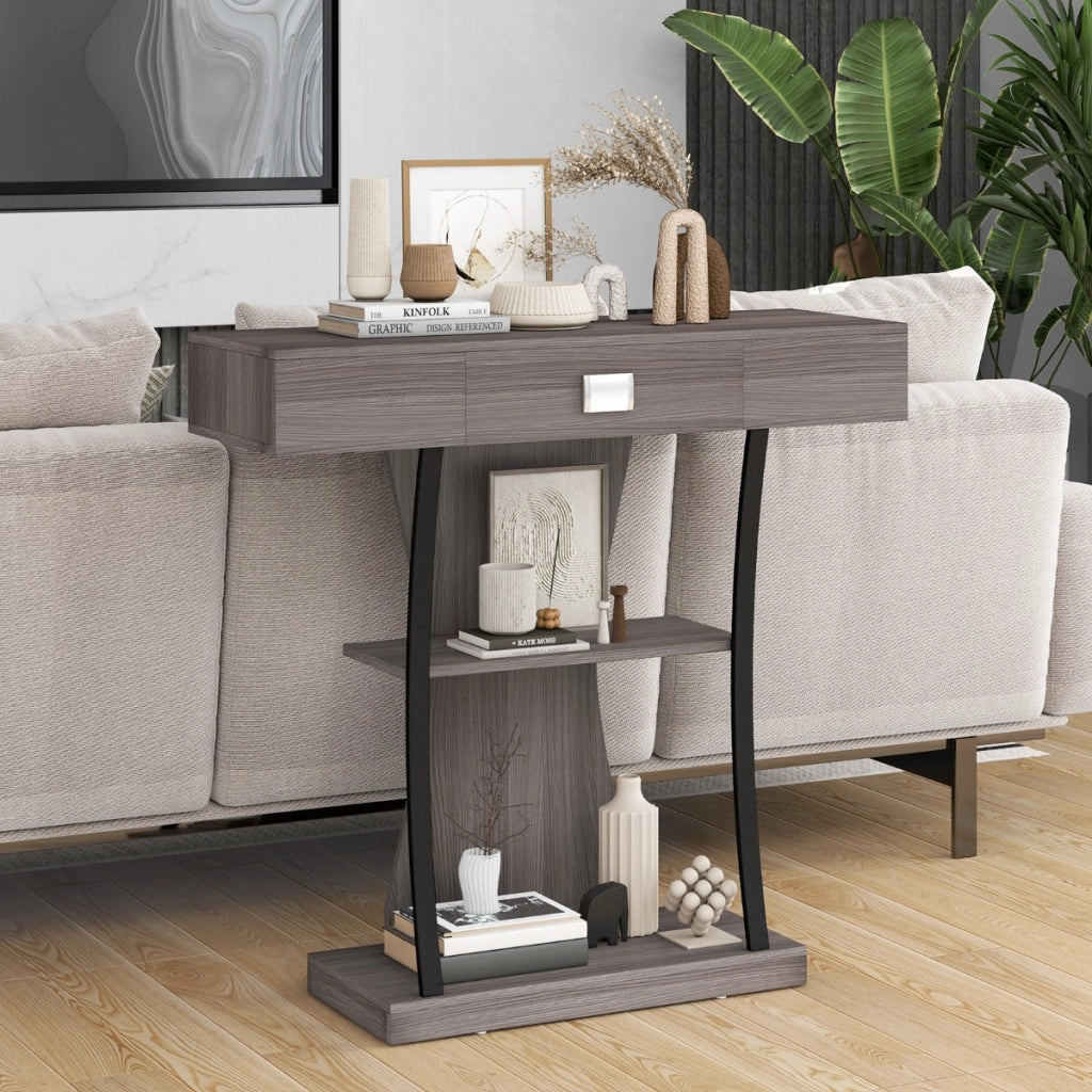 Tavolo consolle con cassetto ripiani per piccoli spazi-Tavolo moderno per ingresso Grigio