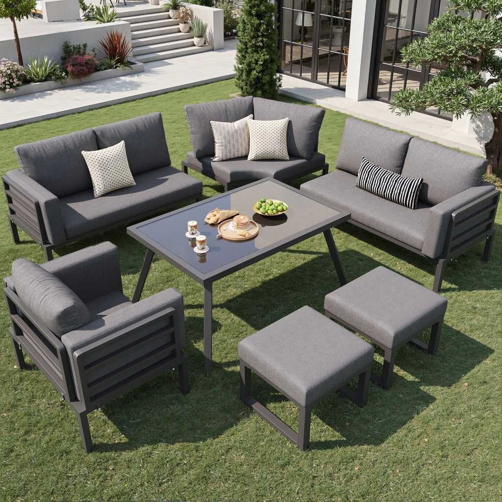 OKWISH Set da 7 Mobili da Giardino con 3 Divani, 1 Poltrona, 2 Sgabelli e 1 Tavolino, Ferro Grigio