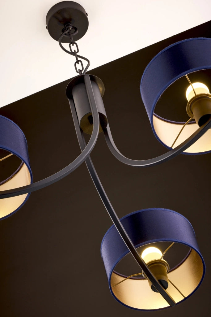 Lampadario nero a catena paralumi blu 3xE27 Arthur Jupiter