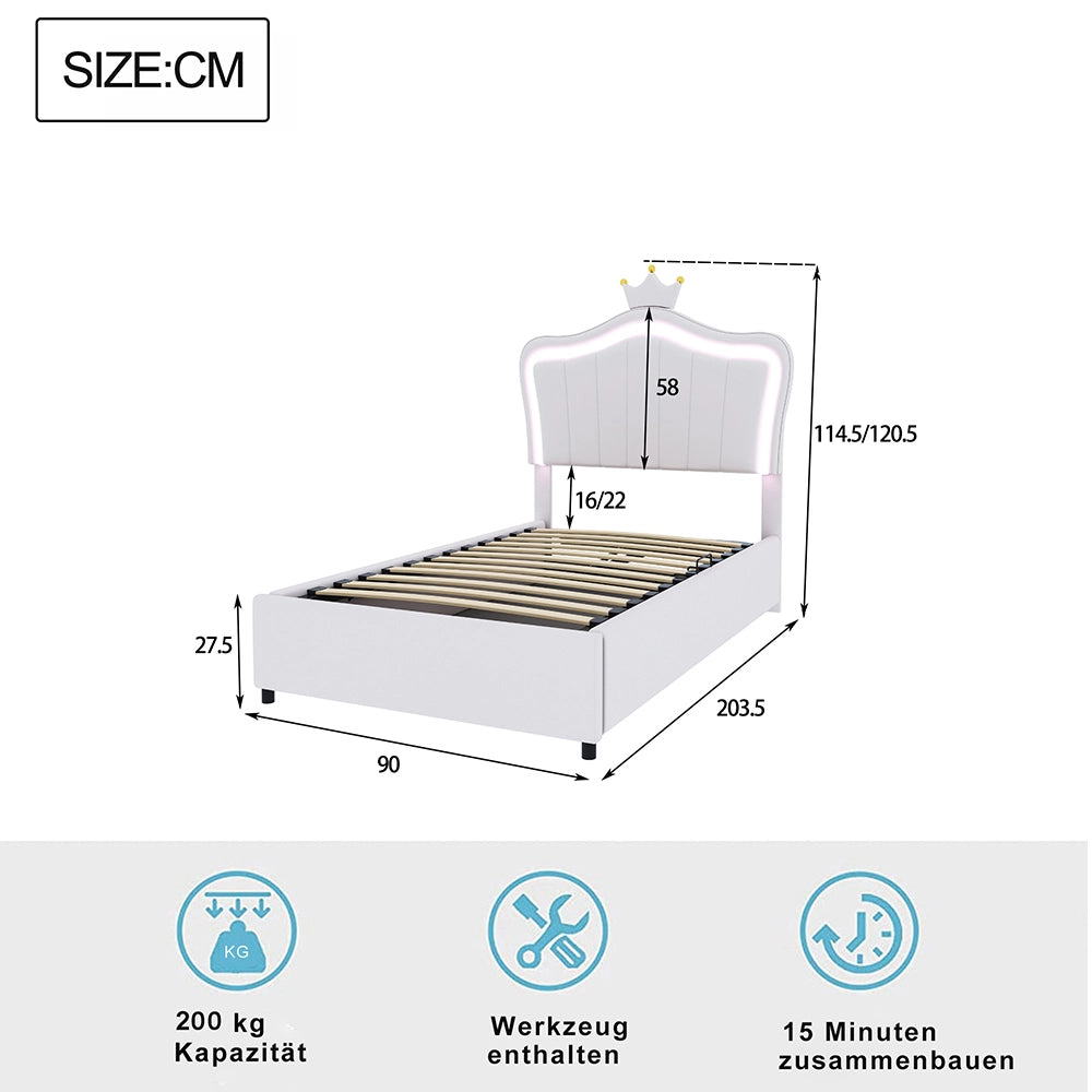 Letto a corona con illuminazione LED - Xylo - 90x200 cm - Bianco - Con sistema di sollevamento idraulico