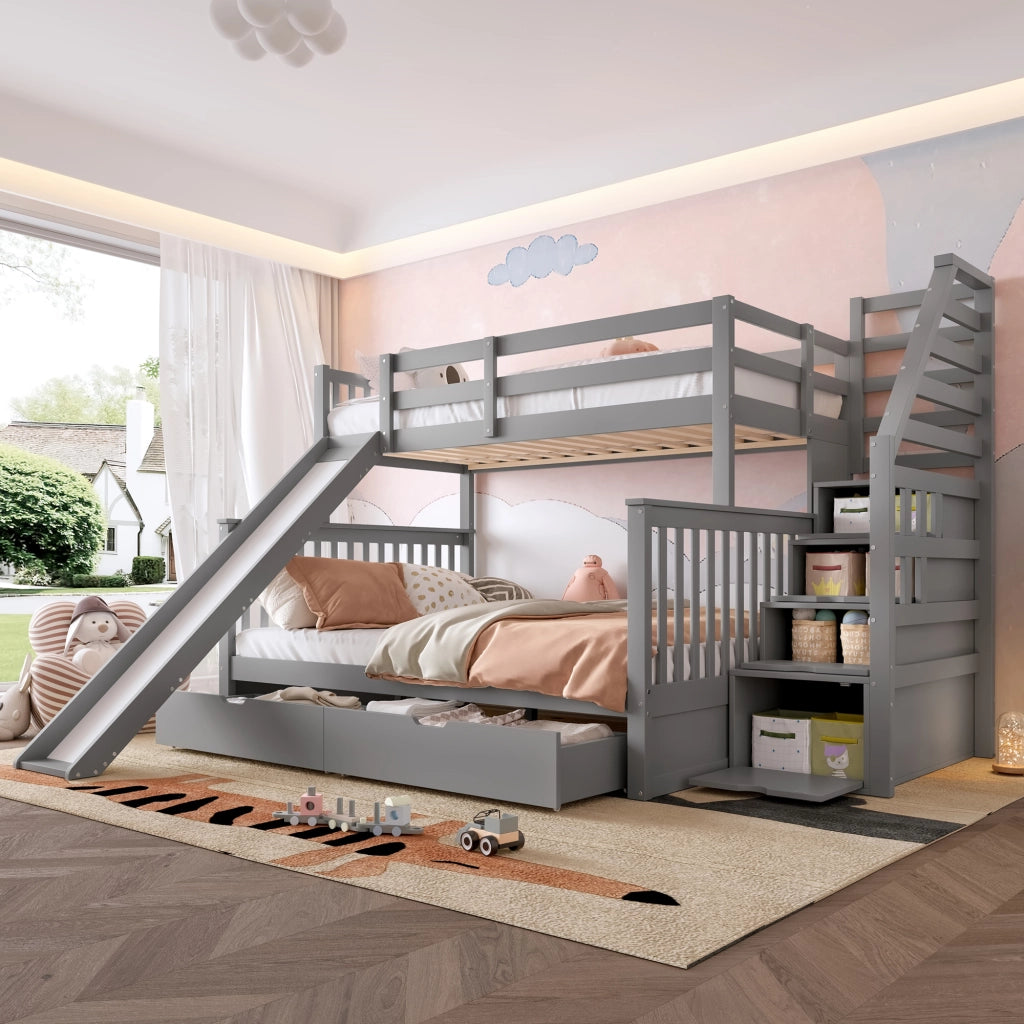 DESMIU Letto a castello 90 × 200 e 140 × 200 cm 2 posti con cassetti, scivolo e scala, senza materasso, grigio