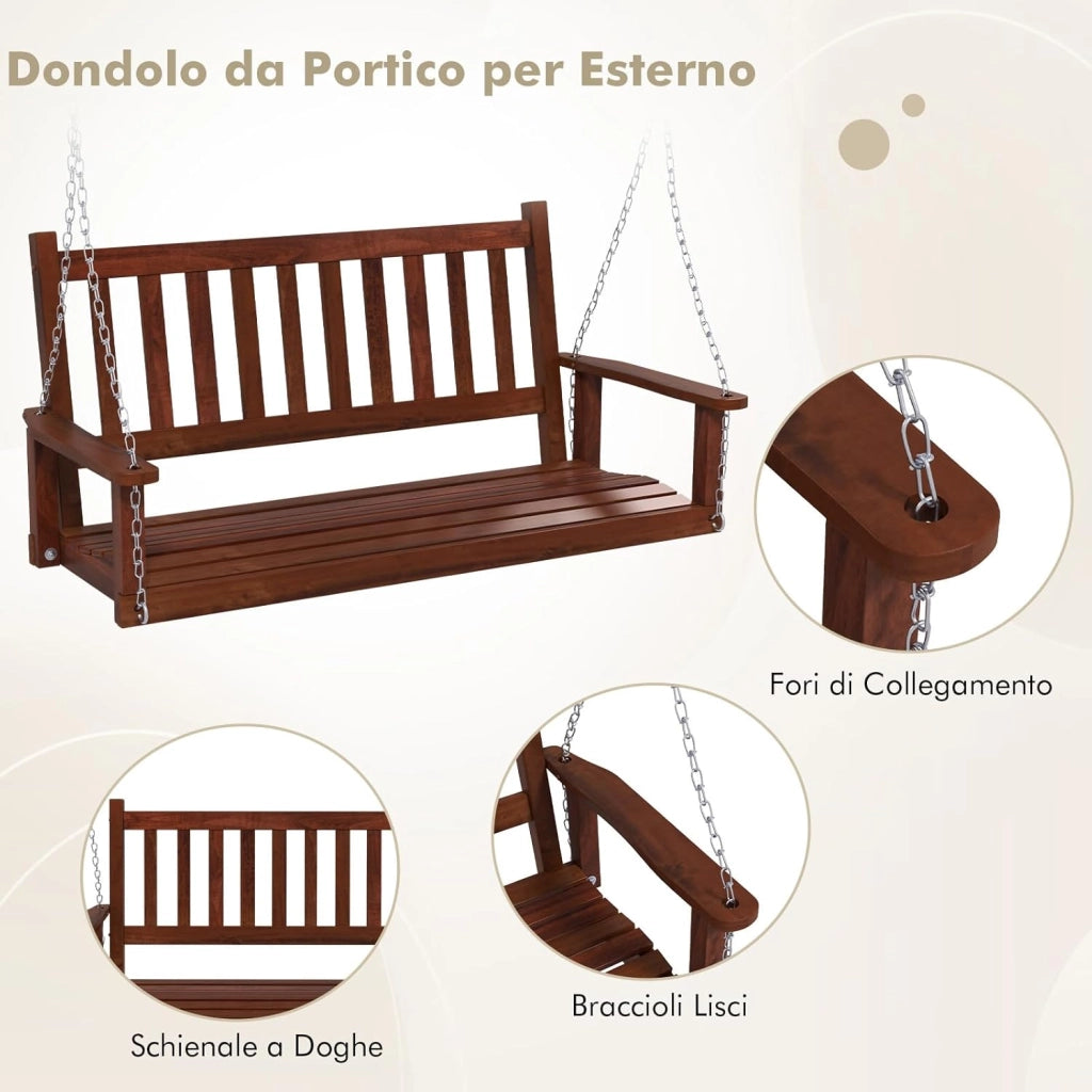 Altalena da Giardino in Legno per 3 Persone, Panchina Sospese in Legno con Capacità di Peso di 360 kg, Sedia a Dondolo per Giardino, Cortile (168 x 65 x 63 cm, Marrone)