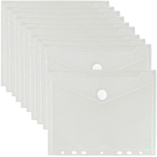 Pacchetto di 10 borse documentali A5, cartellini per archiviazione, cartelle documentali, buste trasparenti con chiusura con adesivo, borse portafoglio per documenti, ricevute, articoli da ufficio (22,5 x 18 cm)