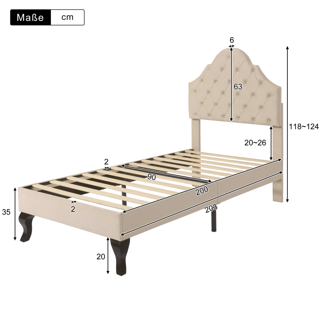 Letto singolo imbottito con rete e testiera regolabile 90x200 cm in velluto beige