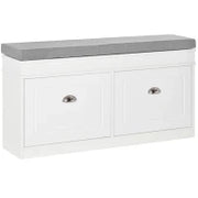 Panca Scarpiera Salvaspazio in Legno con Cuscino, 2 Cassetti con Mensola Regolabile per 8 Scarpe, 104x24x55cm, Bianco