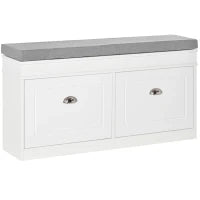 Panca Scarpiera Salvaspazio in Legno con Cuscino, 2 Cassetti con Mensola Regolabile per 8 Scarpe, 104x24x55cm, Bianco