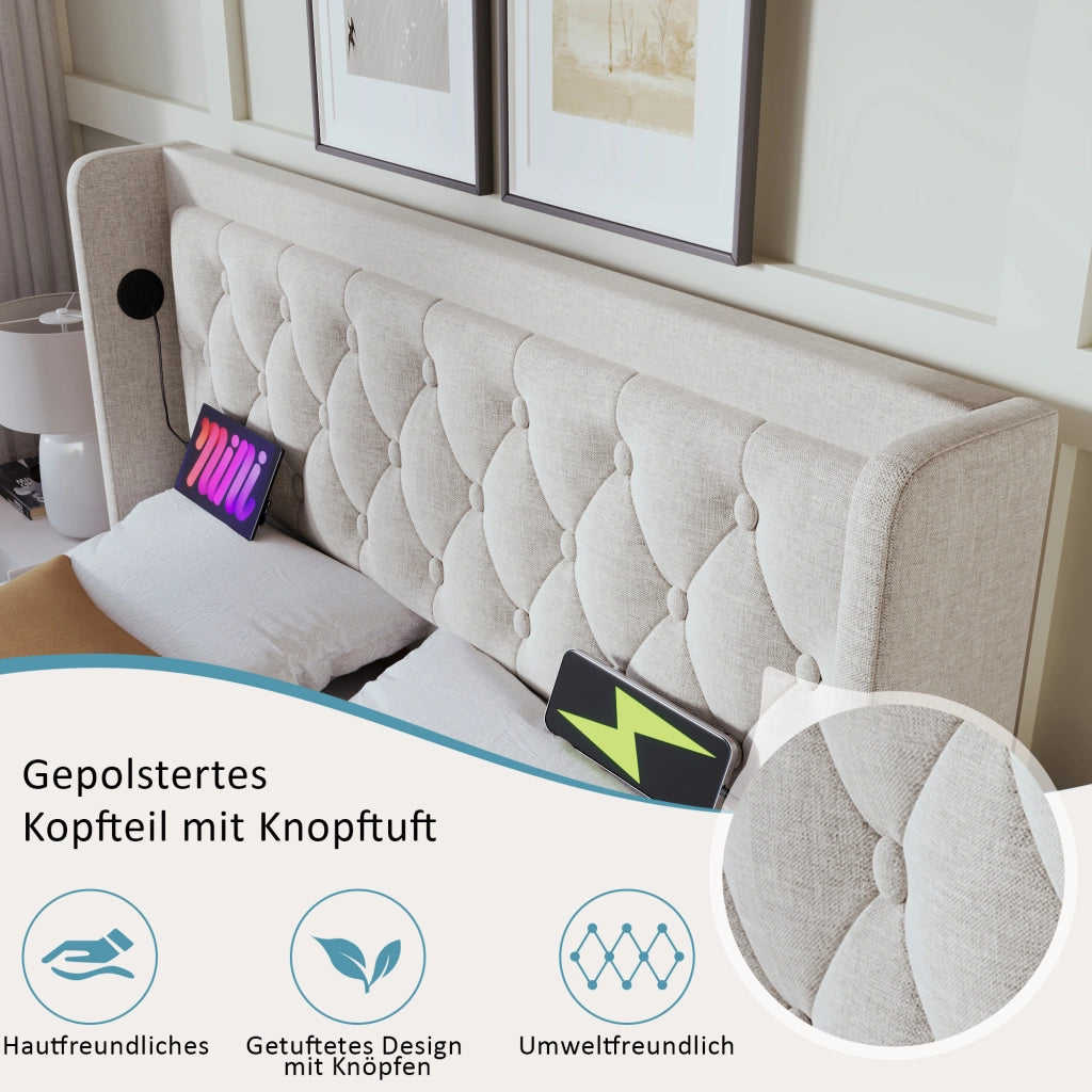 LETTO Contenitore 140x200 cm Beige in cotone con materasso incluso, USB-C e LED