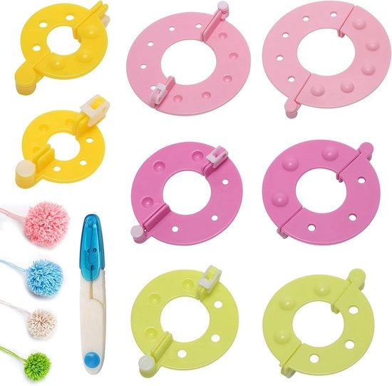 Kit di creazione pompon per DIY con pomponmaker, forbici e ago - 9 pezzi, 4 misure - Per cappelli, bambole - Ricrea con le mani