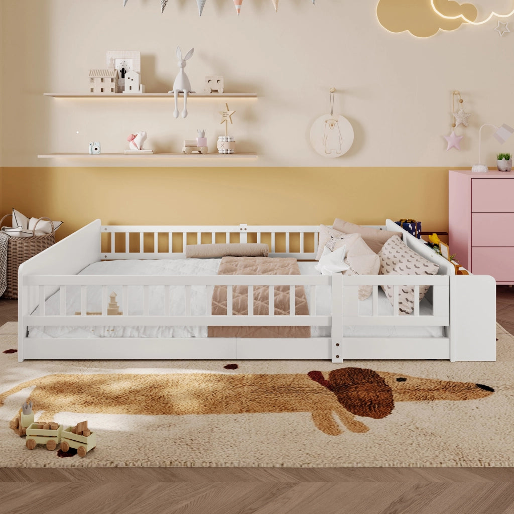 Letto per bambini bianco in pino con spazio di stoccaggio aperto e cassetti integrati 140x200 cm