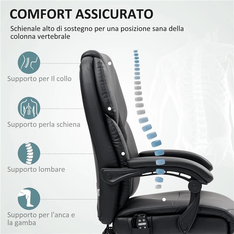 SEDIA DA UFFICIO MASSAGGIANTE E RISCALDATA CON SCHIENALE RECLINABILE E POGGIAPIEDI IN PELLE PU NERO