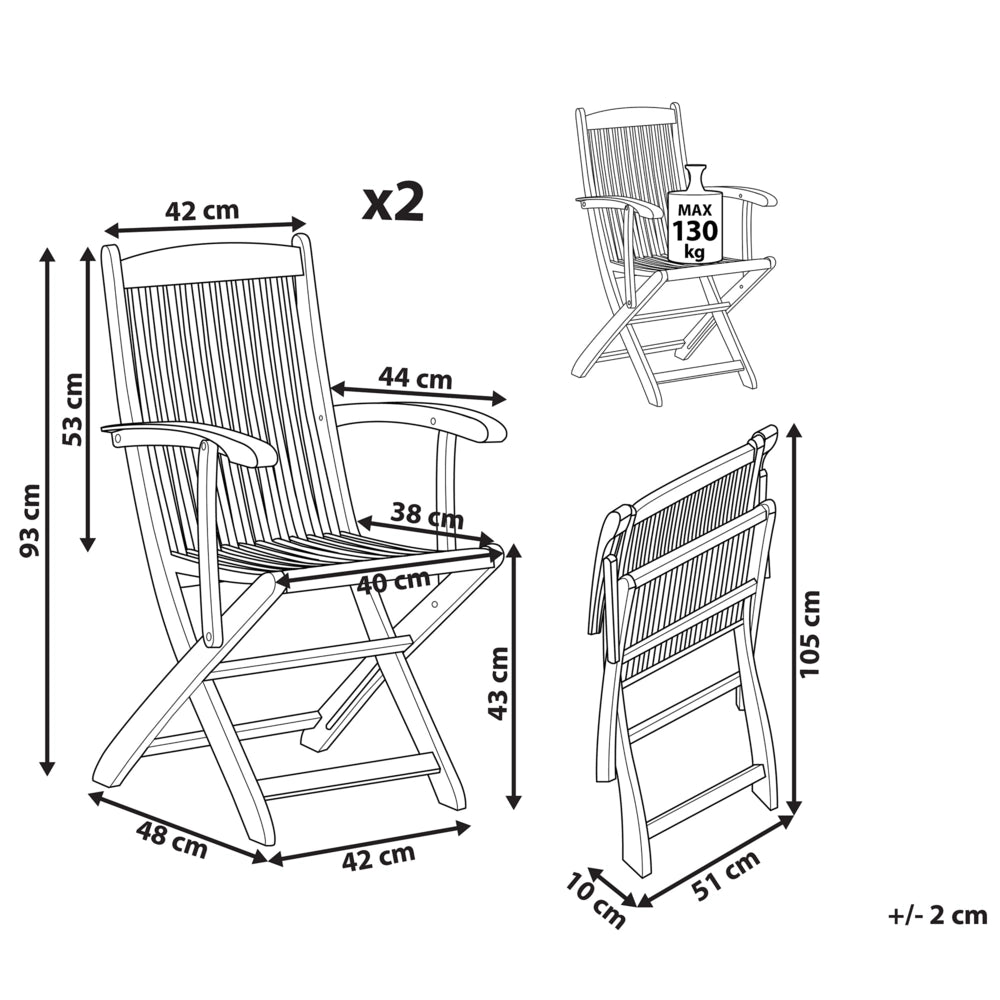 Set di 2 sedie da pranzo da giardino in marrone chiaro con struttura in legno di acacia pieghevole dal design rustico