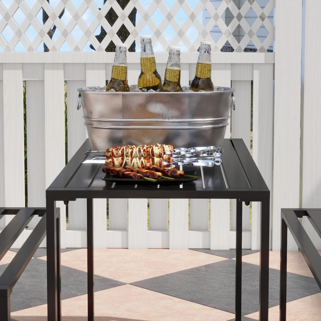 Set da giardino 3 pezzi con tavolo e 2 panche in metallo nero, 110 x 55 x 70 cm