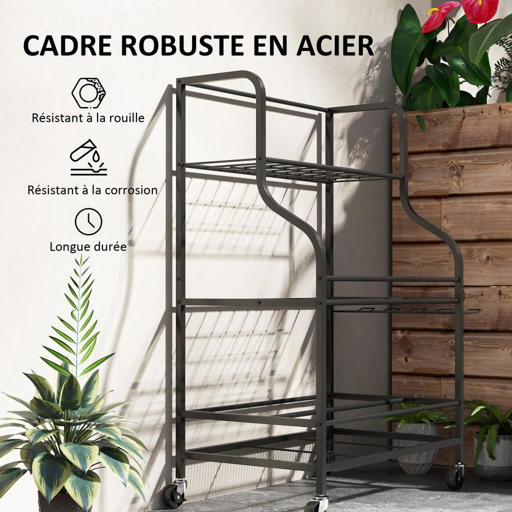 Organizzatore attrezzi da giardino ¨C zephmum ¨C 54 posti 5 ganci acciaio ruote 3 livelli nero