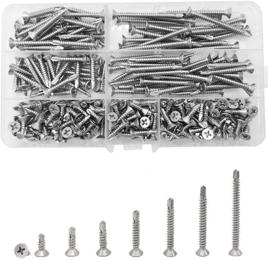 Viti Autoalimentanti 260 Pezzi - Acciaio Inossidabile - Testa Piana - Assortimento 13/16/19/25/32/38/50 mm - Per Metalli - Facili da Installare