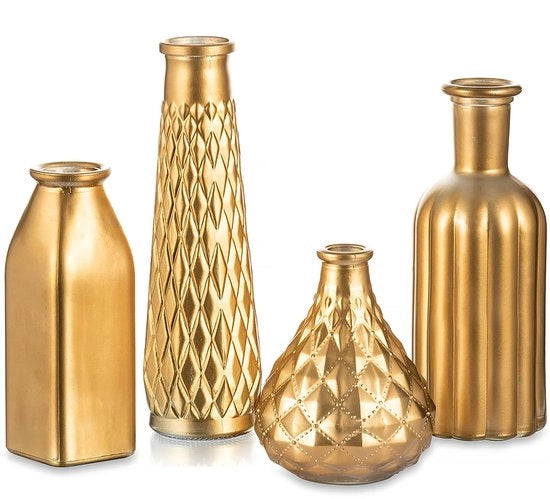 Set di 4 vasi di vetro dorato, vasi d'oro, piccolo vaso, set da 4, vasi di vetro mini moderni, decorazione di nozze, vaso di fiori lussuoso per la decorazione del tavolo, arte, idee di regalo creative, 22 cm