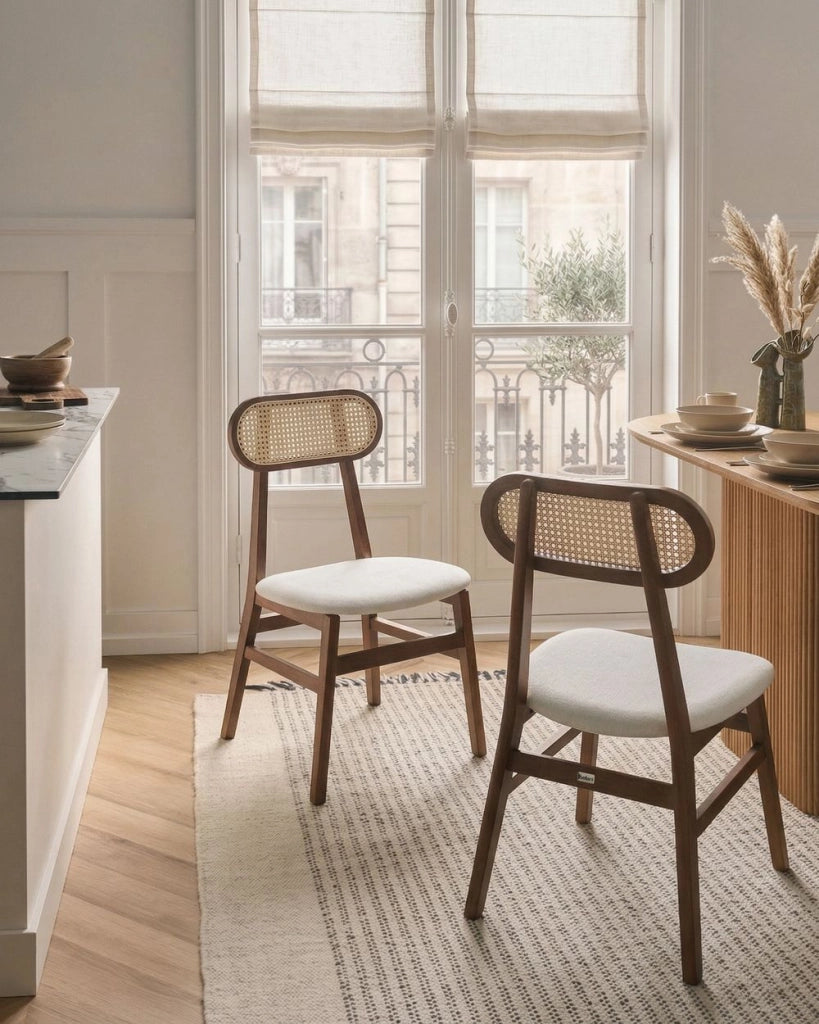 Set di 2 sedie da pranzo imbottite in poliestere marrone e beige chiaro Schienale in rattan a treccia viennese
