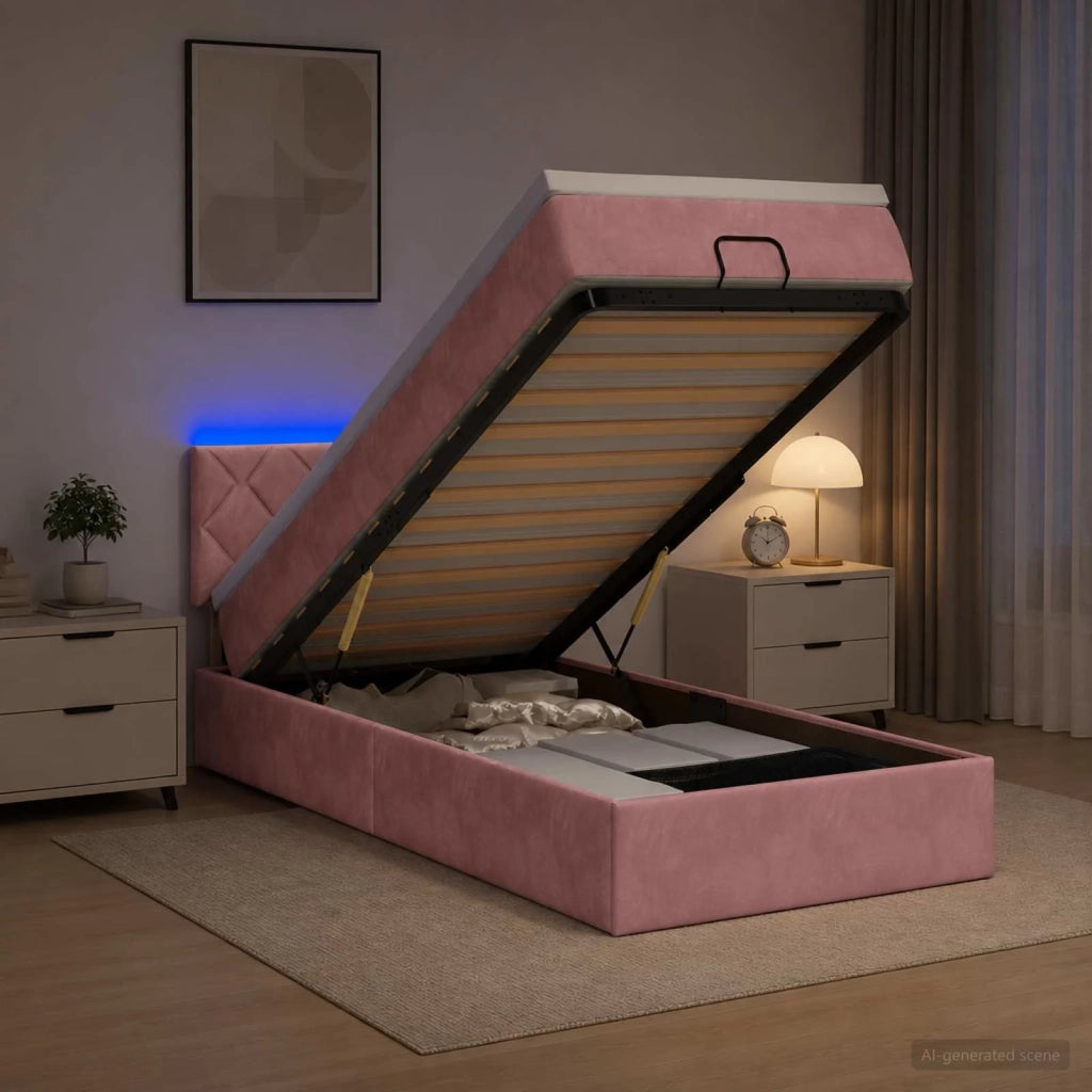 Letto Ottomano con Materasso e LED Rosa 90 x 190 cm Velluto 3457184