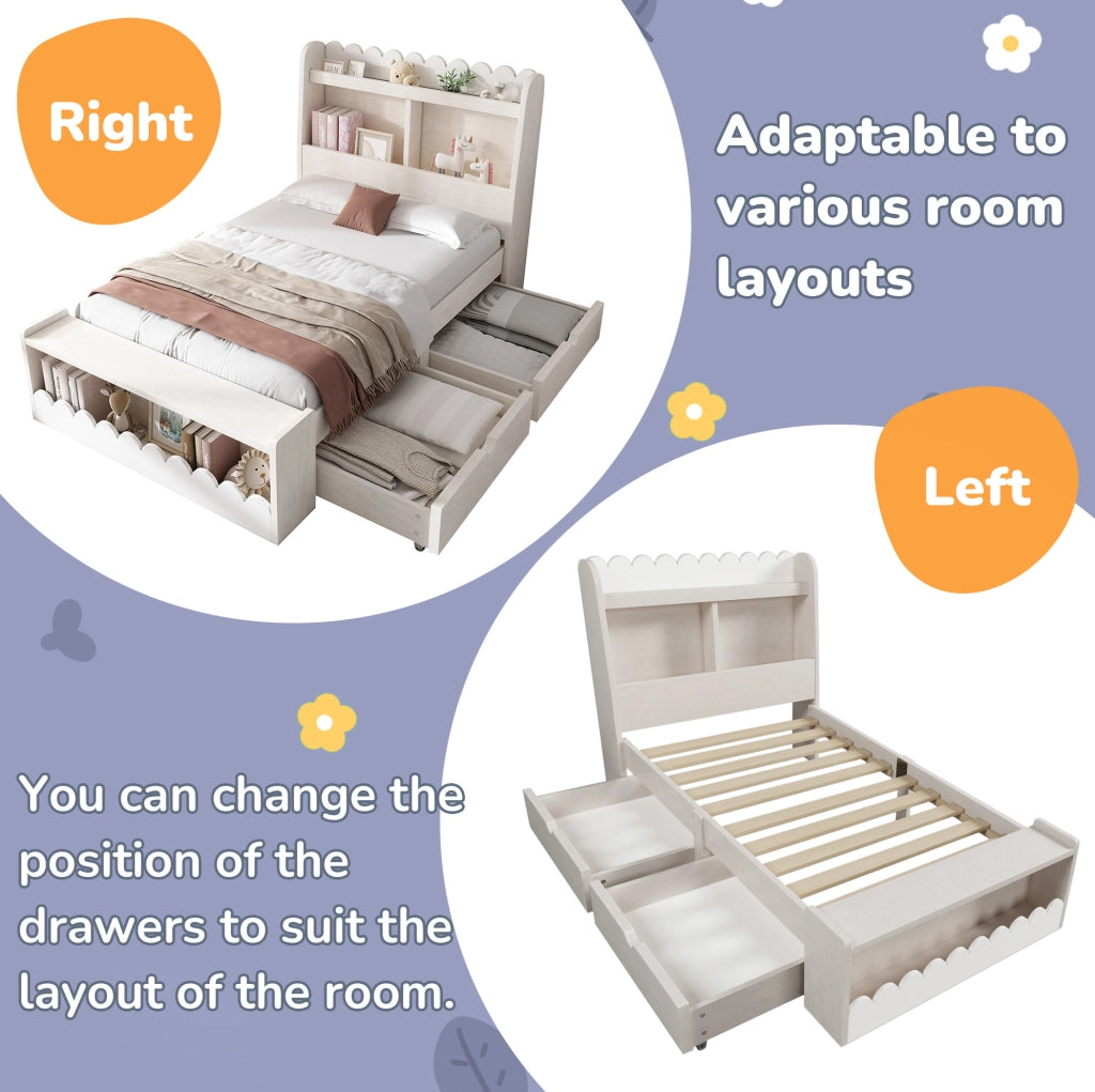 Letto singolo 90x200 cm con 2 cassetti; ripiani integrati e struttura in legno bianco effetto quercia