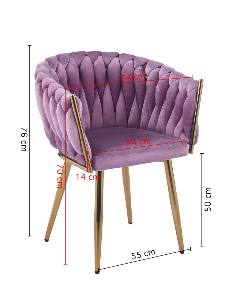 Poltrona Con Schienale In Velluto Intrecciato Design Moderno, Sedia Imbottita Circolare con Gambe in Metallo Placcato Oro Poltroncina Sala Pranzo Camera Salotto Cucina con Seduta Morbida Viola