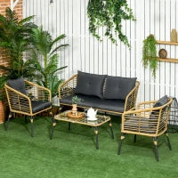 Set da Giardino 4 Pezzi in Rattan PE e Acciaio con 2 Sedie, Divano 2 Posti e Tavolino, Marrone Nero e Grigio