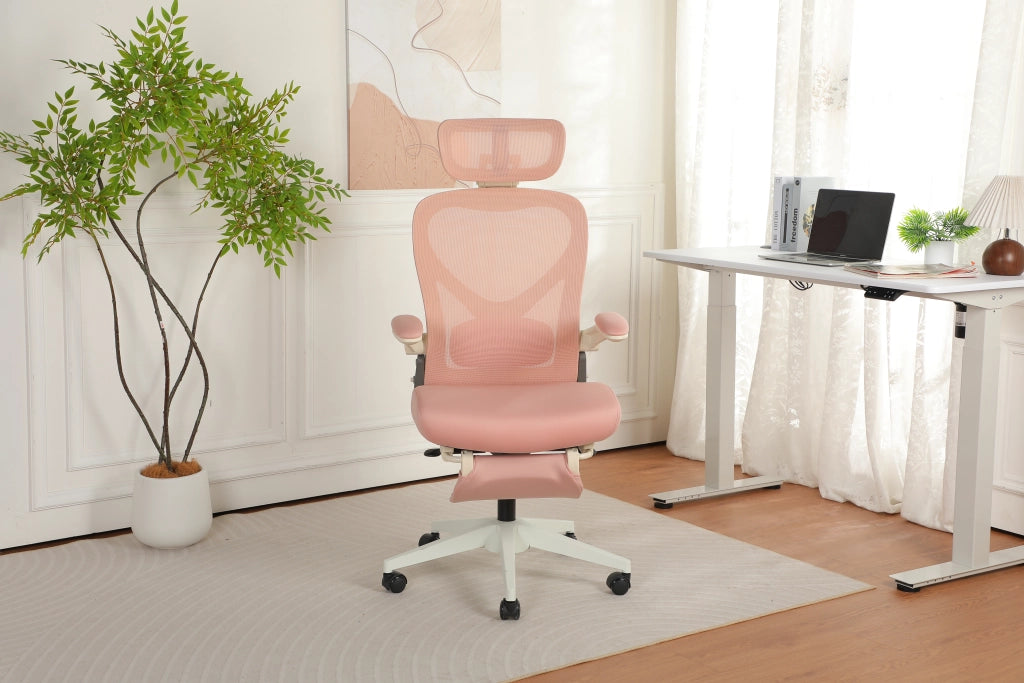 Sedia da ufficio ergonomica pieghevole con poggiatesta 3D e supporto lombare in mesh rosa 65 × 61 × 40.5 cm
