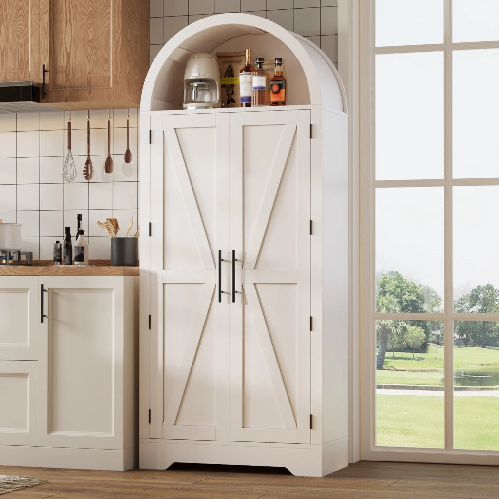 Credenza alta ad arco in MDF bianco, 75 x 35 x 170 cm, con ripiani regolabili e struttura salvaspazio