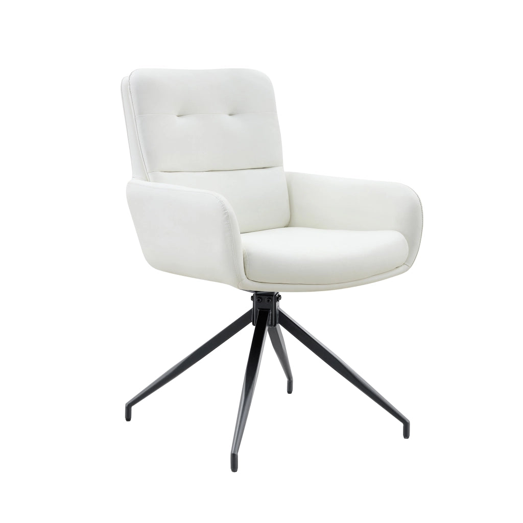Sedia da pranzo girevole 360° con schienale capitonné, PU e gambe in metallo nere, bianco e nero, 85 cm