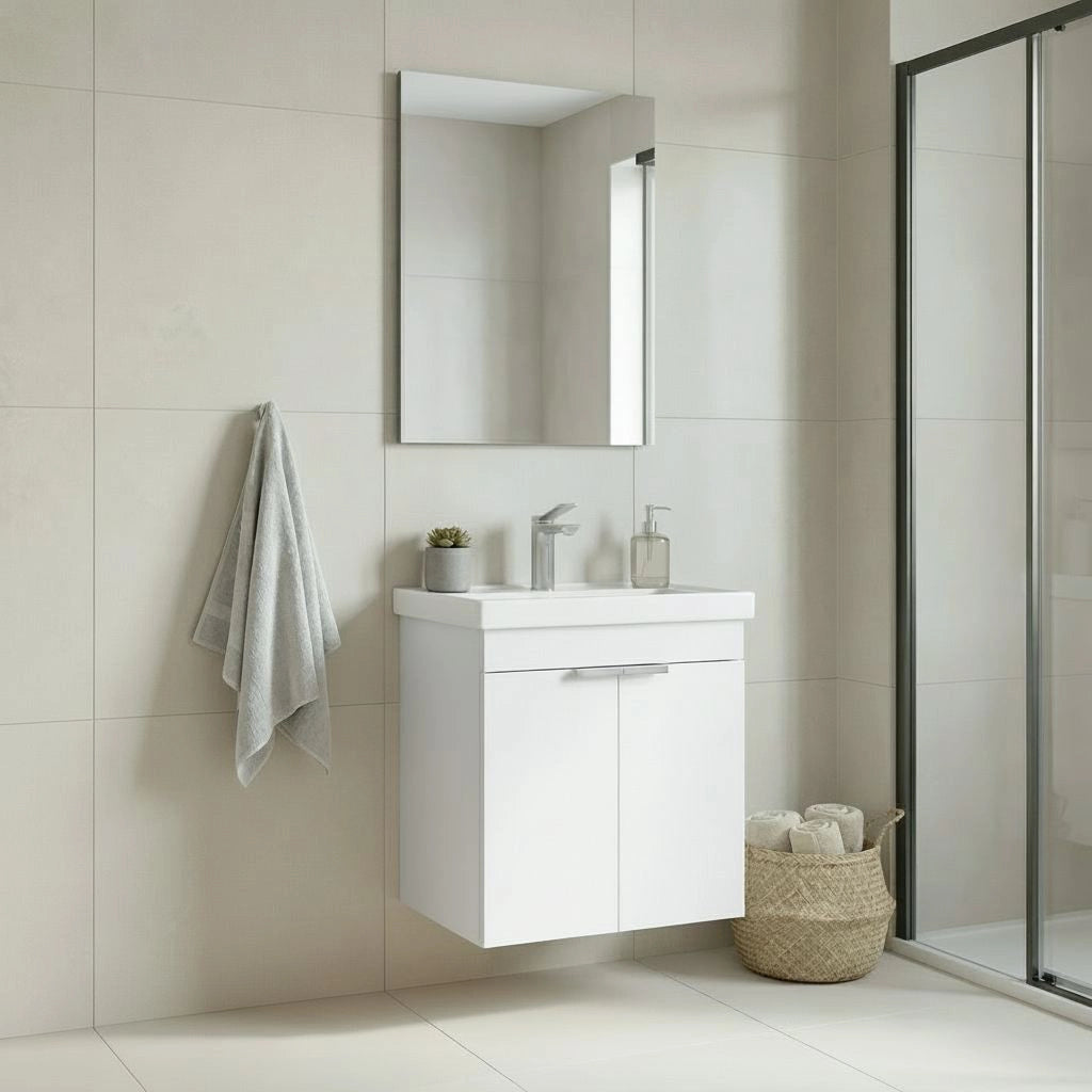 Set mobile lavabo con specchio (2 pezzi) "Desna 50" - 50 x 38 x 58 cm - Bianco opaco