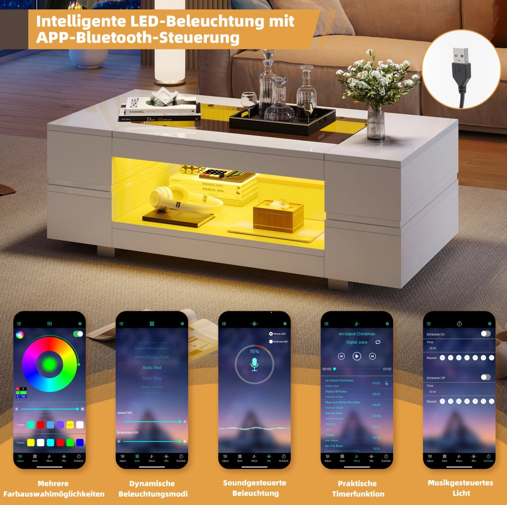 Tavolino da caffè LED bianco con controllo da app