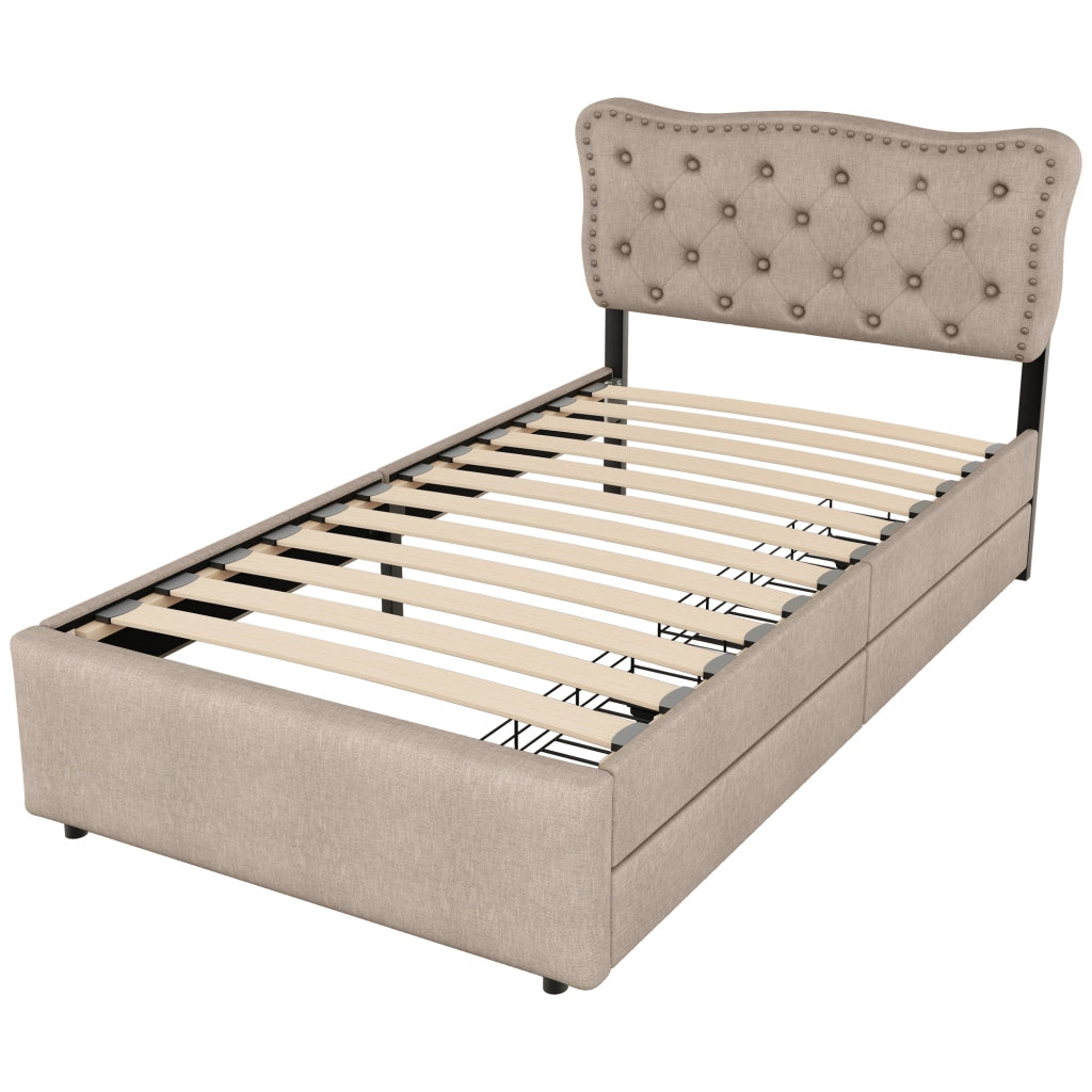 Letto con cassetti singolo; 2 cassetti e testiera regolabile 90 × 200 cm; senza materasso; beige marrone