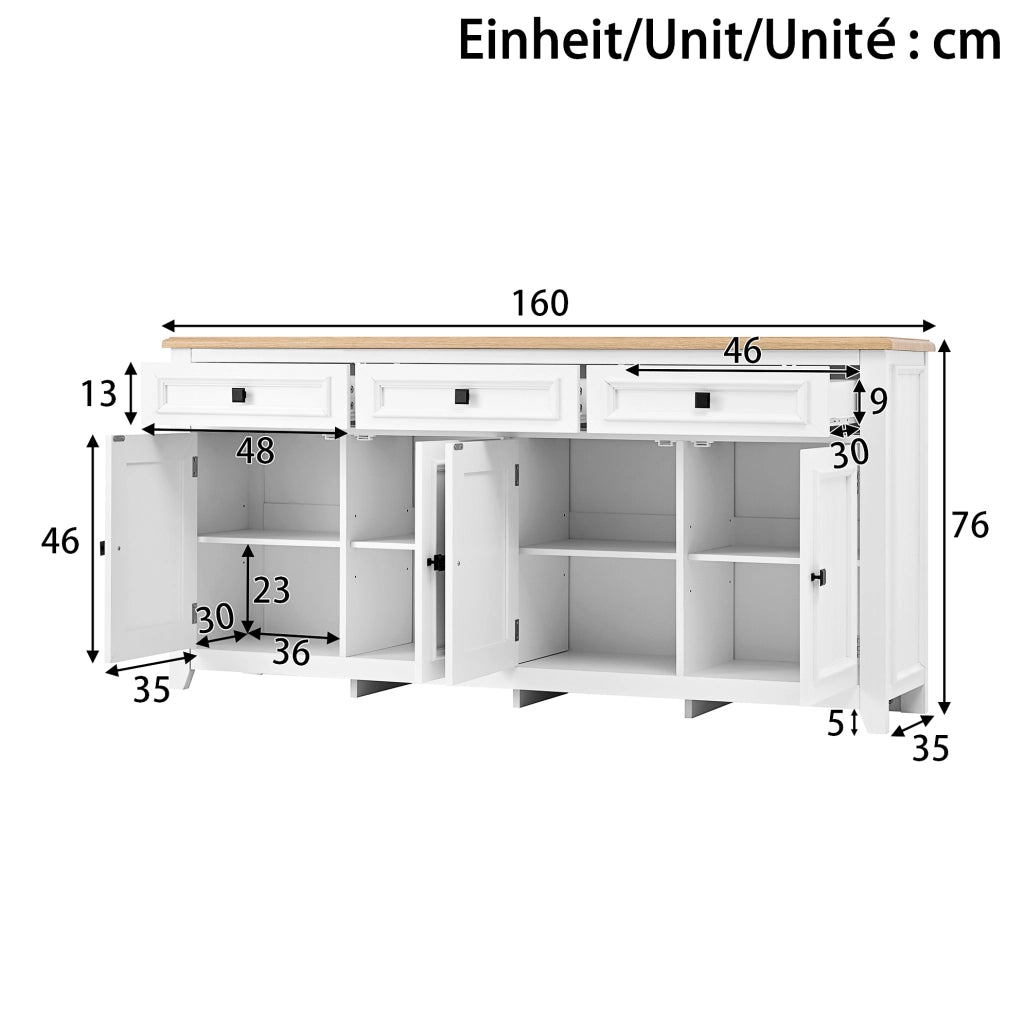 Sideboard moderno con 3 cassetti e 4 ante 160x35x76 cm in MDF bianco