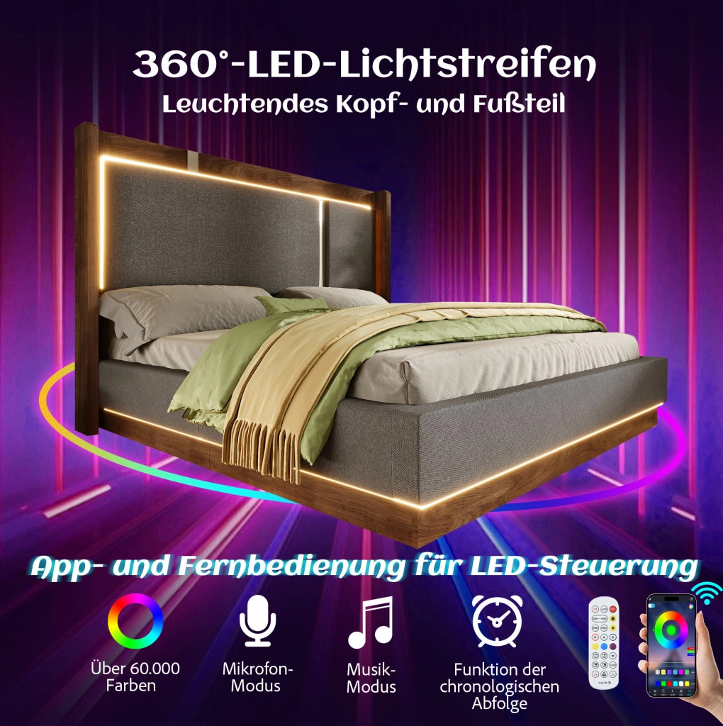 Letto matrimoniale 140x200 con LED, contenitore e rete a doghe