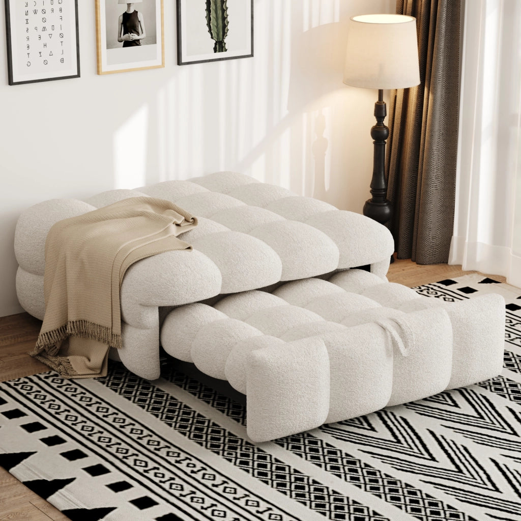 Divano Letto Convertibile 1 Posto 2 in 1 con Pouf; Seduta Imbottita Morbida Salvaspazio; in Teddy Beige