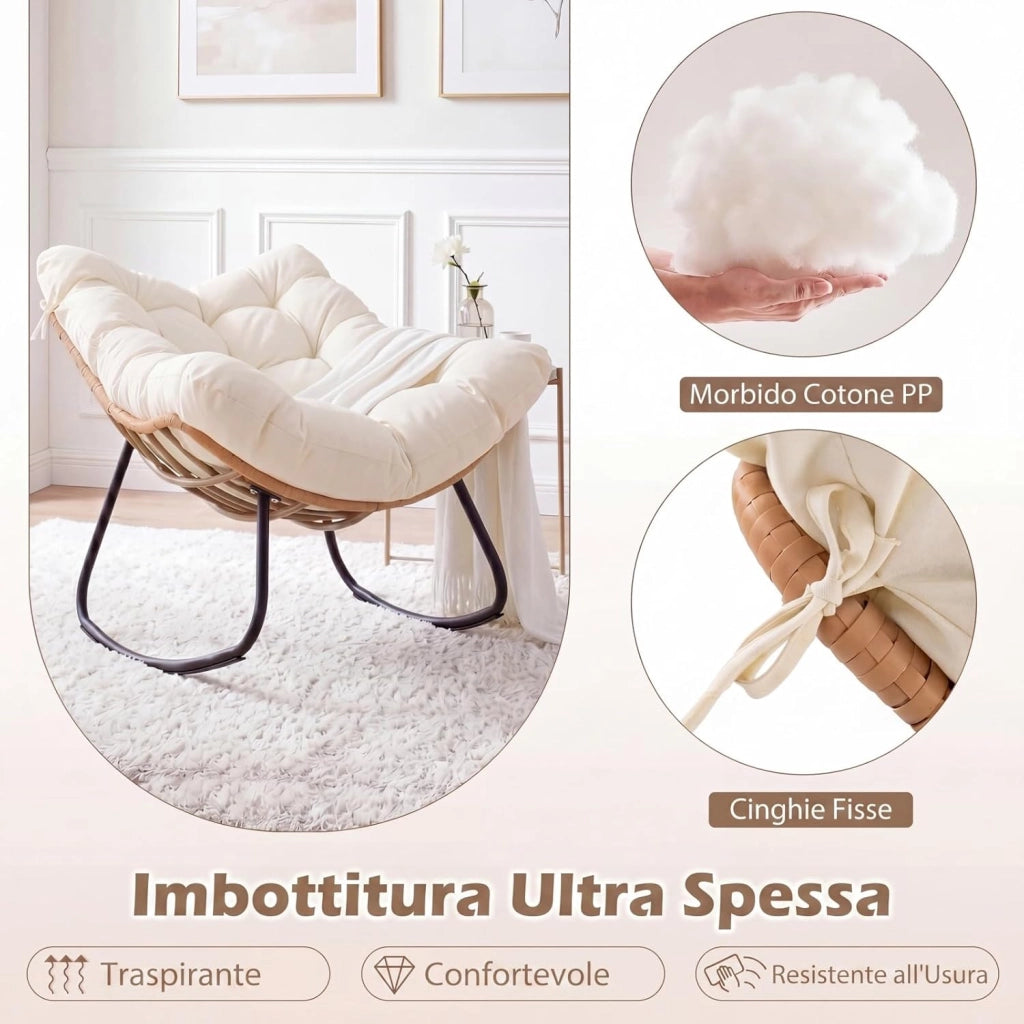 Sedia a Dondolo da Interno ed Esterno, Poltrona a Dondolo con Cuscino Rimovibile, Poltrona Relax in Rattan con Struttura in Metallo per Soggiorno, Cortile e Giardino, Portata 140 kg (Bianco)