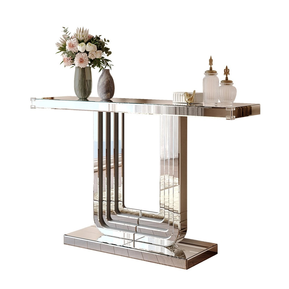 Consolle Moderna ¨C Minimal ¨C 120cm effetto specchio argento, base a U, resistente ai graffi