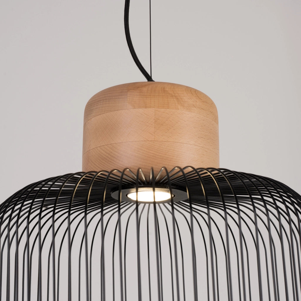 Lampada a sospensione industriale in acciaio e legno GABBIA Attacco E27 35/55 cm regolabile