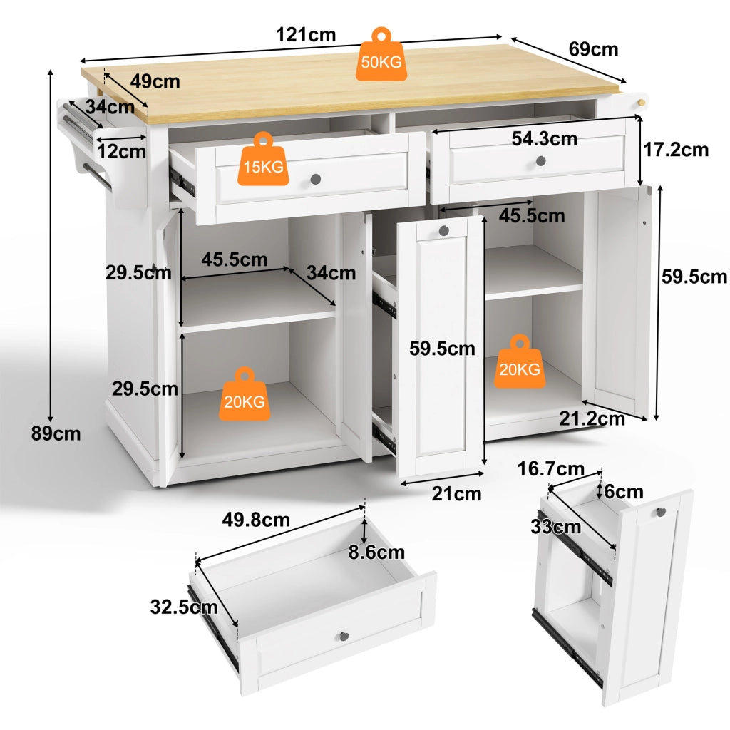Isola da cucina con piano ribaltabile, carrello cucina in MDF, 2 cassetti grandi, ruote frenanti, 121x49(69)x89 cm