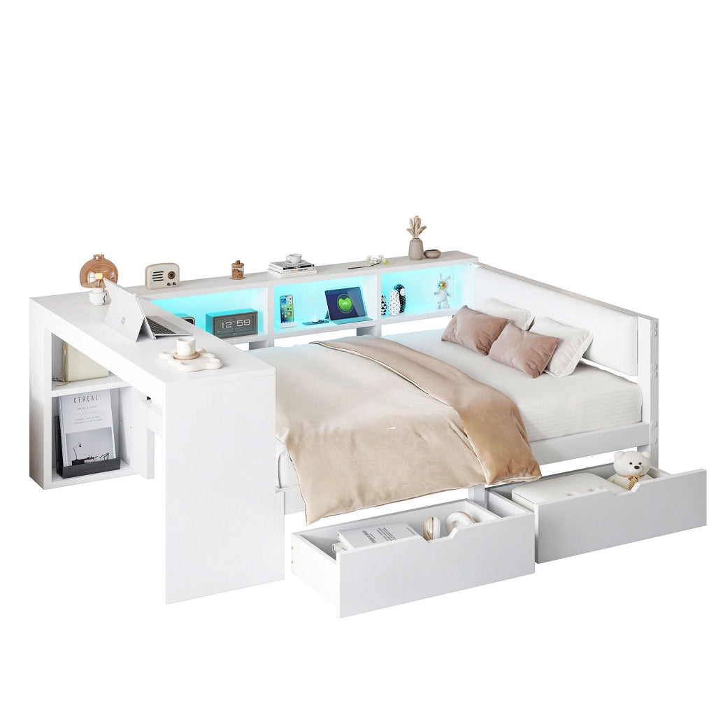 Letto 140x200 cm con contenitore; presa USB e LED in MDF; compensato; lino bianco