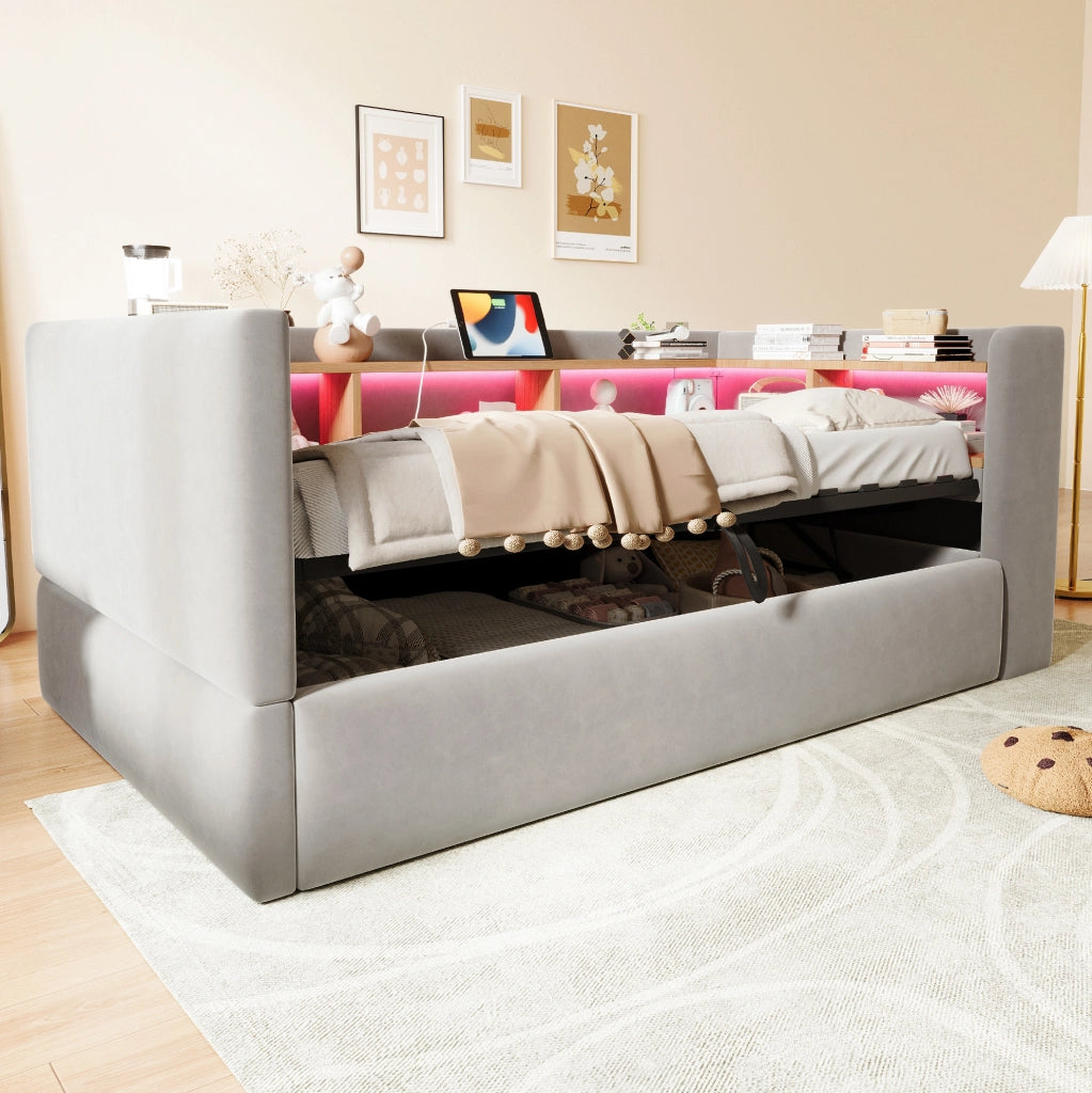 Divano letto 90x190 cm con contenitore idraulico, LED e prese in flanella grigio chiaro