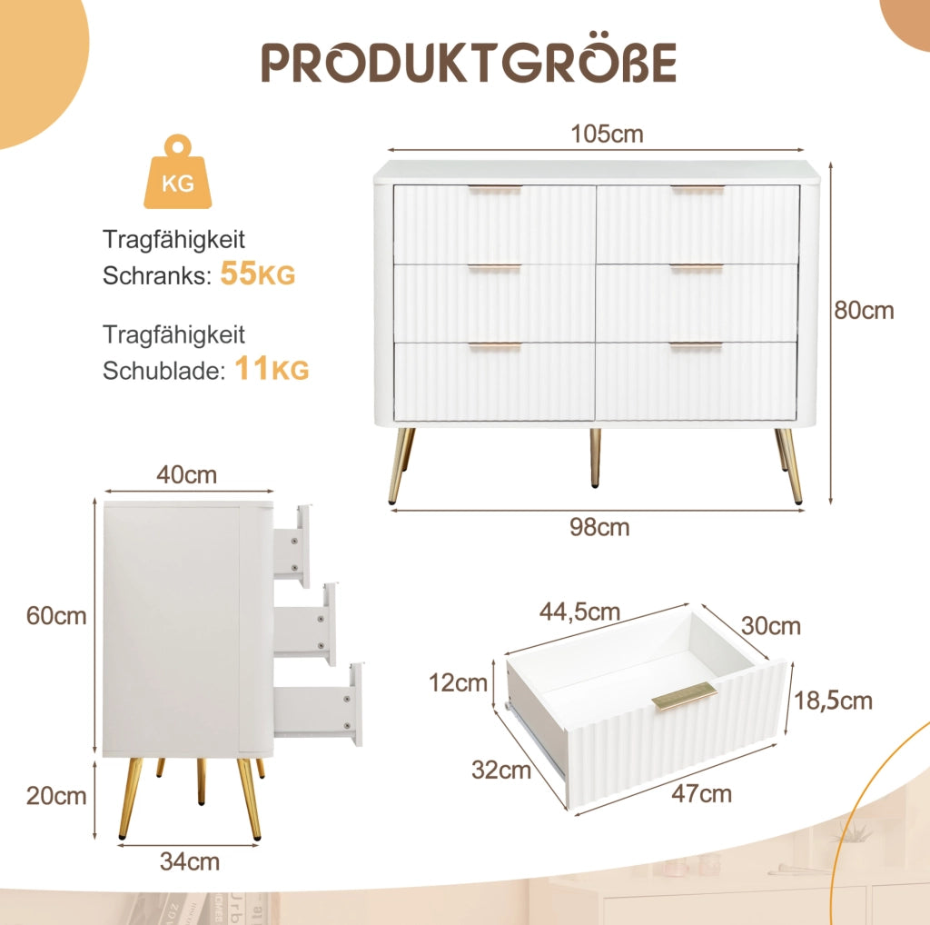Cassettiera bianca a 6 cassetti in MDF con guide soft-close e gambe da 20 cm