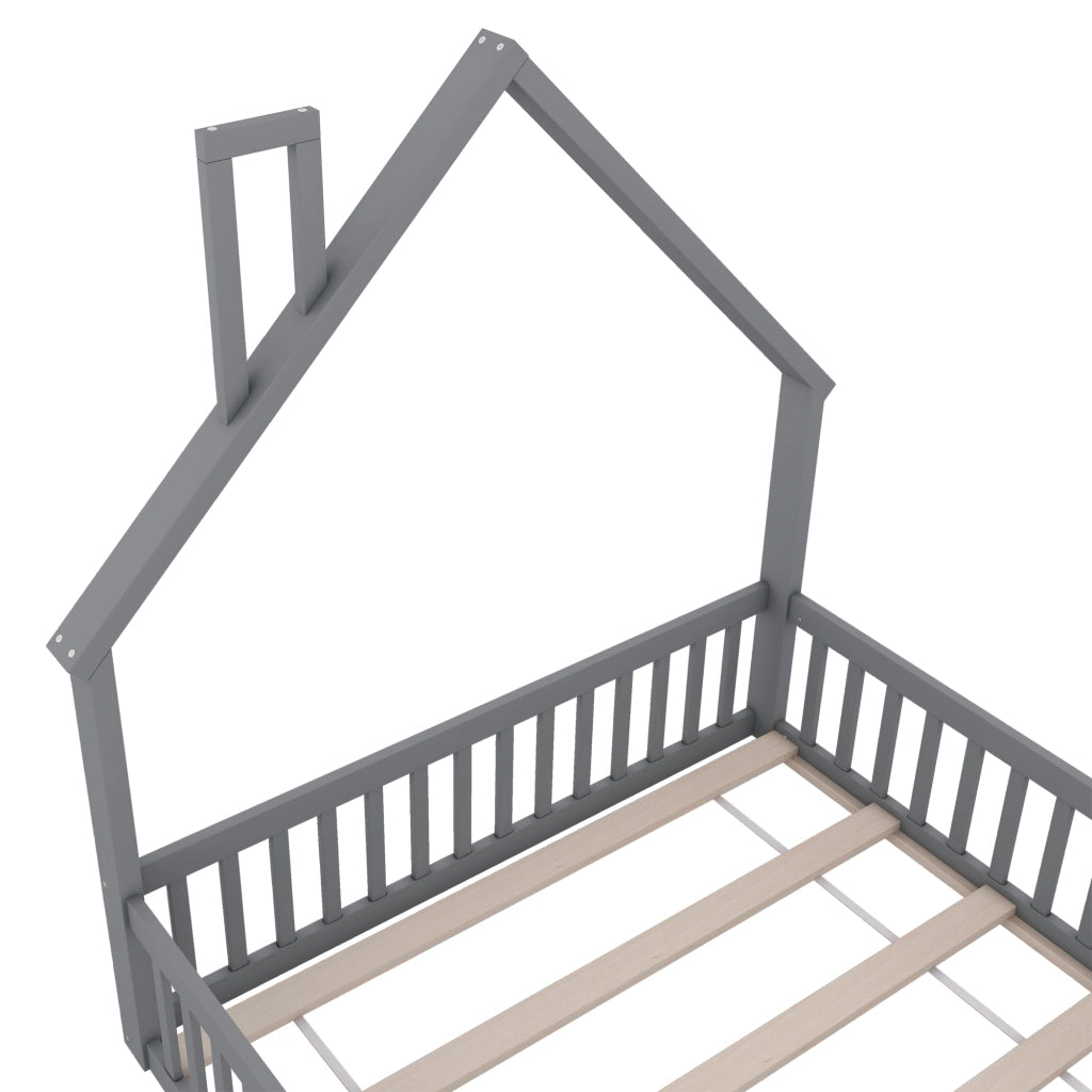 Letto per Bambini 140×200 cm; Letto Singolo con Sponde di Sicurezza e Design a Camino; senza Materasso; Grigio